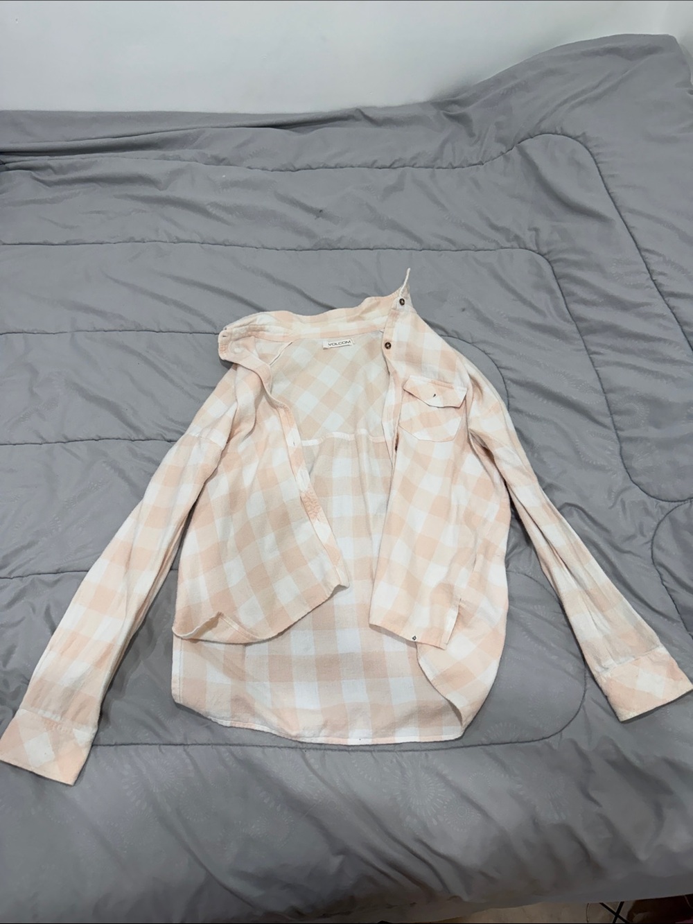 Volcom Peach and White Plaid Button-Front Shirt